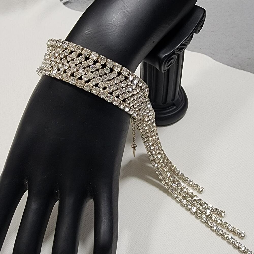 Sz 6.5 Rhinestone Bracelet Wide Silver Cuff Tassel Fringe Dangle Bridal Formal